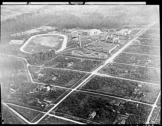 Aerial view of Hastings Park, ca. 1919. The park had been used as a barracks for soldiers during WWI, a relief camp in the 1920s, and an internment camp for Japanese during WWII. Photo: Stuart Thomson, Vancouver Public Library #1798