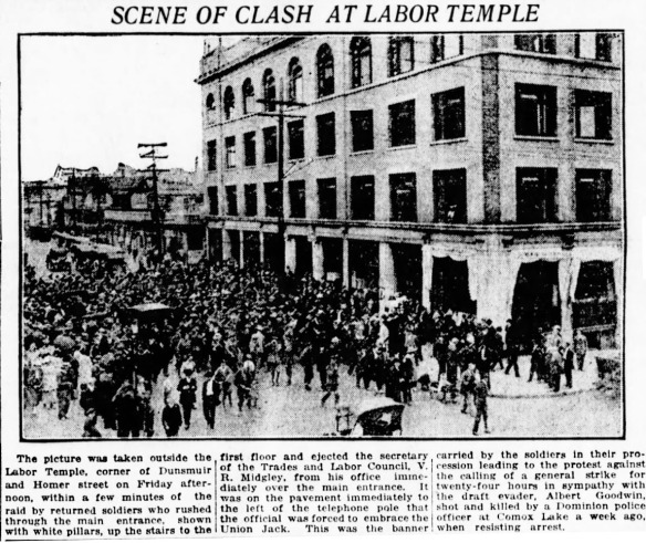 A mob of soldiers attacking the Labor Temple during the 1919 General Strike, called in sympathy with the Winnipeg General Strike. Vancouver Daily World, 3 August 1918
