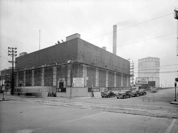 BC Hydro's Murrin Substation, at the southwest corner of Main and East Georgia streets, under construction in 1946. Photo by Don Coltman, City of Vancouver Archives #586-4792