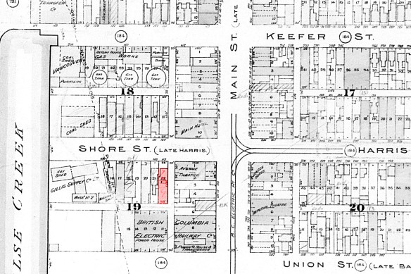 1913 Fire insurance map showing 102 East Georgia in red. City of Vancouver Archives