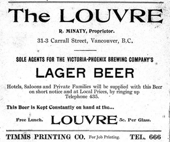 Ad for the Louvre Saloon from the Vancouver City Directory 1899-1900, via VPL.